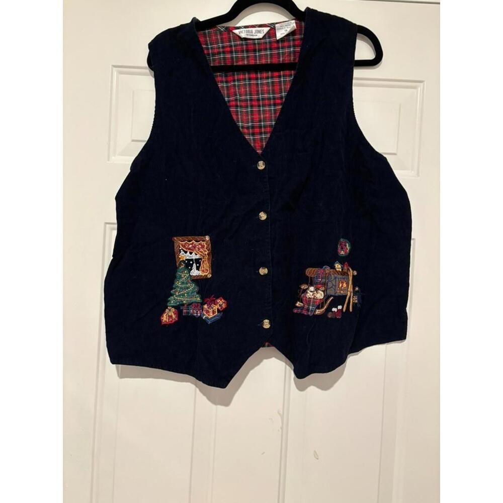 Victoria Jones Woman Christmas Winter Vest Navy‎ Corduroy & Plaid Size 1X